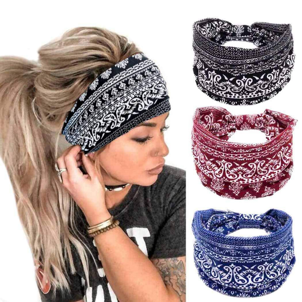 (C) Printed Elastic Sport Headband Wide Yoga Sweatband Set Waistband for Women