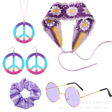 (Purple) Ensemble de bijoux et lunettes de soleil Halloween hippie symbole de paix – Collier, boucles d'oreilles, bracelet, bandeau