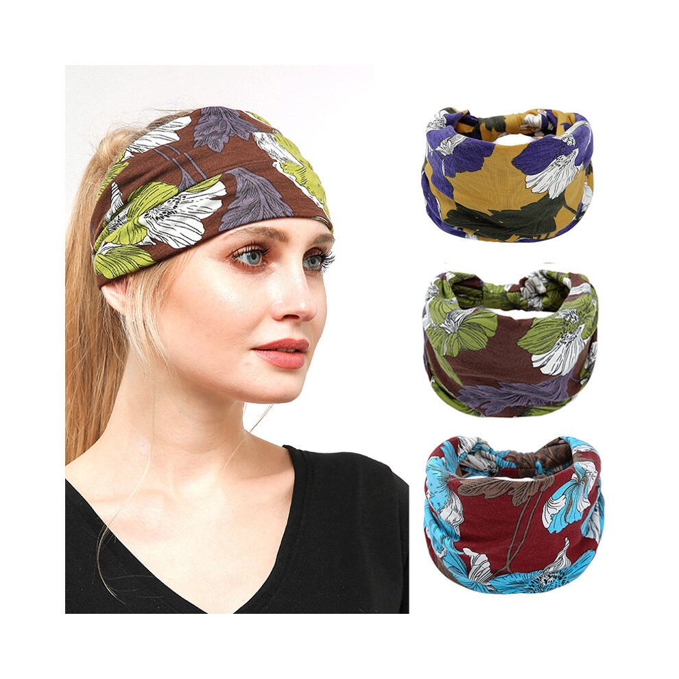 (B) Printed Elastic Sport Headband Wide Yoga Sweatband Set Waistband for Women