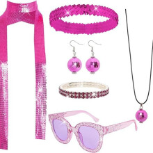 (Fuchsia) 1970s Disco Women's Costume Accessories Set: Sequin Headband, Sunglasses, Necklace, Earrings & Scarf