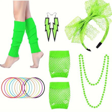 (Fluorescent Green) 1980s Neon Costume Accessories Set: Headband, Gloves, Foot Covers, Necklace, Earrings & Bracelet