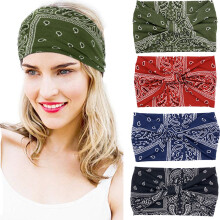 (4 pcs) Fascia per capelli sportiva larga in cotone elastico con fiore di anacardo in stile bohémien per donna – Copricapo stile sciarpa