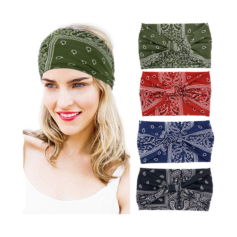 (4 pcs) Bohemian Cashew Flower Elastic Cotton Wide Sports Headband for Women â Scarf Style Headwear