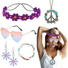 (Dark violet) Retro Peace Sign Jewelry & Daisy Flower Accessory Set with Glasses