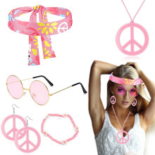 (Pink Headscarf Style) 60s Hippie Halloween Set: Carnival Headband Glasses & Anti-War Necklace 5-Piece Kit