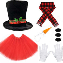 (Style5) Christmas Snowman Costume Hat Set with Red Scarf, Nose, Gloves & Black Felt Top Hat