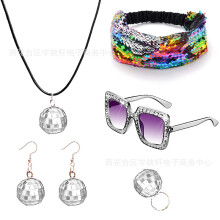 (Silver5Piece SetA) 70s Disco Laser Ball Jewelry Set: Necklace, Earrings, Bracelet, Sequin Headband & Sunglasses