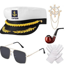 (White navy 5-piece set) Halloween Pilot Hat Costume Set with Captain Hat, Epaulettes, Glasses & Tie Role-Play Kit