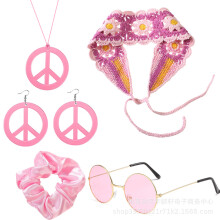 (Pink) Ensemble de bijoux et lunettes de soleil Halloween hippie symbole de paix – Collier, boucles d'oreilles, bracelet, bandeau