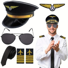 (Pilot black 1) Halloween Pilot Hat Costume Set with Captain Hat, Epaulettes, Glasses & Tie Role-Play Kit