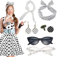 (White) 1950s Retro Party Costume Set: Cat-Eye Glasses, Polka Dot Headband & Stud Earrings Accessories