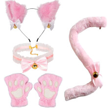(Pink) Halloween Cute Cat Cosplay Set: Cat Ears Headband, Paw Gloves & Tail Accessories