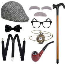 (Style 5) Men's Vintage Gangster Costume Set Wool Houndstooth Hat & Bowtie Role Play