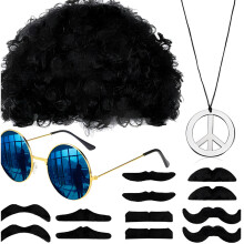 (Set 6) Hippie Disco Costume Kit with Afro Wig, Sunglasses & Groovy Necklace for Theme Party