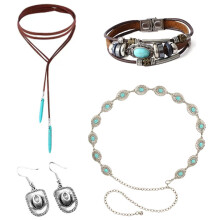 (Set 2) Hippie Bohemian Turquoise Earrings & Vintage Leather Necklace Set with Glasses Accessories