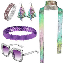 (Multicolor) 70s Disco Jewelry Set: Sequin Scarf, Sunglasses, Diamond Bracelet & Earrings for Women