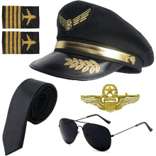 (Pilot suit (6-piece set)) Halloween Pilot Hat Costume Set with Captain Hat, Epaulettes, Glasses & Tie Role-Play Kit