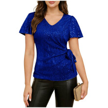Women's sequined top, shimmering ruffled sleeve blouse,-Blue S