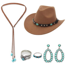 (Brown) Ethnic Western Cowboy Hat & Turquoise Jewelry Set - Necklace, Earrings, Ring
