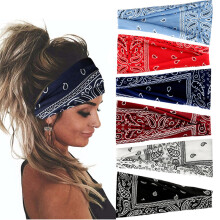 (B) Fascia per capelli da yoga bohémien da donna, sciarpa elastica stampata, copricapo.