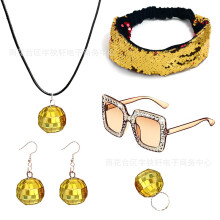 (Gold5Piece SetA) 70s Disco Laser Ball Jewelry Set: Necklace, Earrings, Bracelet, Sequin Headband & Sunglasses