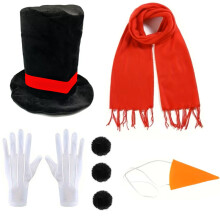 (Style3) Christmas Snowman Costume Hat Set with Red Scarf, Nose, Gloves & Black Felt Top Hat