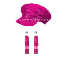 (Rose red 2-piece set) 70s 80s Disco Party Sequin Hat Sunglasses Earrings Costume Accessory Set