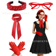 (Red, 4-piece set) Vintage 1950s Retro 5-Piece Set: Polka Dot Silk Scarf, Headband, Glasses, Gloves & Earrings for Cosplay Party