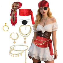(Red seven-piece set) Halloween Pirate Costume Set: Headscarf, Belt, Necklace & Bracelet for Cosplay Ball