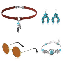 (Set 3) Hippie Bohemian Turquoise Earrings & Vintage Leather Necklace Set with Glasses Accessories
