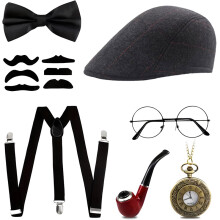 (Style 1) Men's Vintage Gangster Costume Set Wool Houndstooth Hat & Bowtie Role Play
