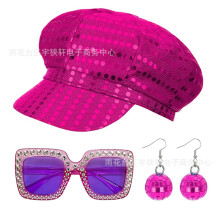 (Fuchsia) 70s 80s Disco Party Sequin Hat Sunglasses Earrings Costume Accessory Set