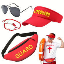 (Set 1) Summer Beach Party Lifeguard Set: Sun Hat, Whistle, Waist Bag & Sunglasses Kit