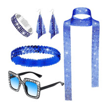 (Royal Blue) 70s Disco Jewelry Set: Sequin Scarf, Sunglasses, Diamond Bracelet & Earrings for Women