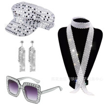 (Silver 4-piece set) 70s 80s Disco Party Sequin Hat Sunglasses Earrings Costume Accessory Set