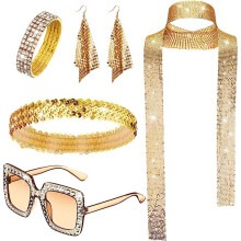 (Gold) 70s Disco Jewelry Set: Sequin Scarf, Sunglasses, Diamond Bracelet & Earrings for Women