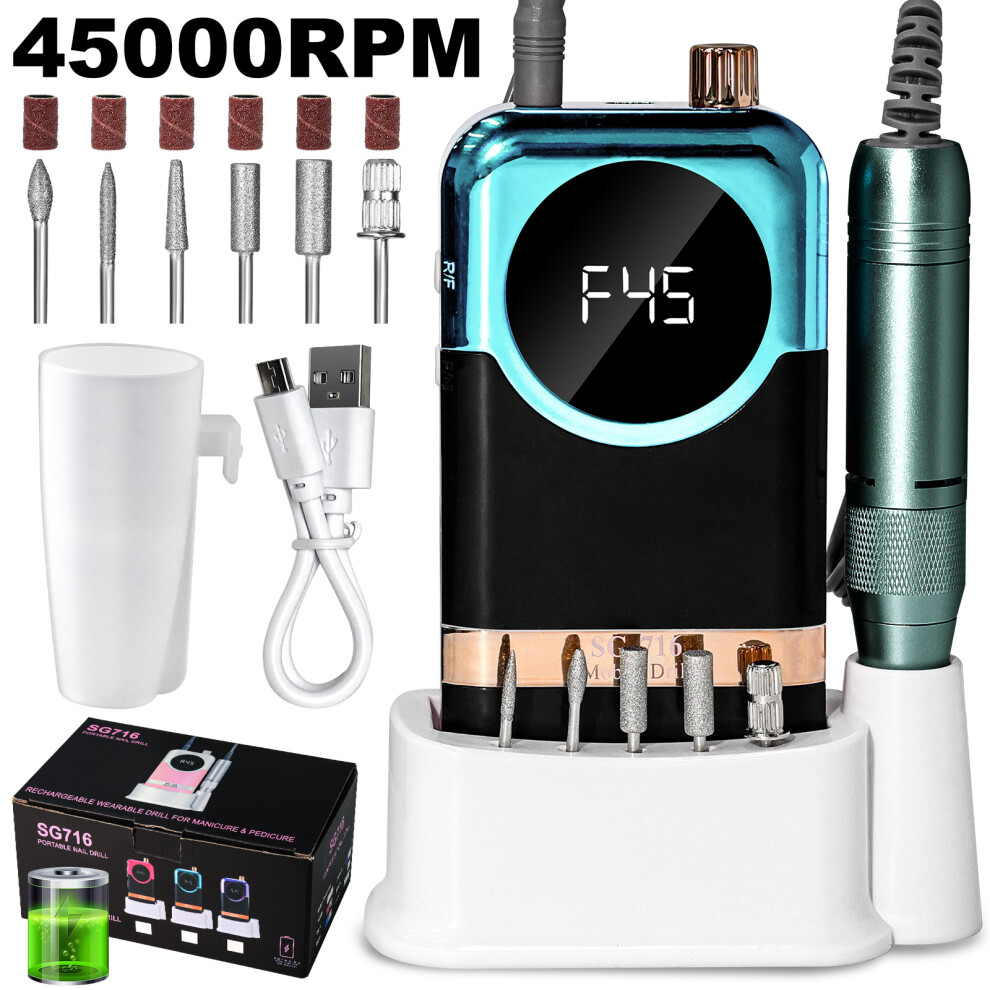 (Cyan) Rechargeable Electric Nail File & Grinder for Salon Nail Care, Polish Remover & Dead Skin Tool