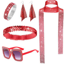 (Red) 70s Disco Jewelry Set: Sequin Scarf, Sunglasses, Diamond Bracelet & Earrings for Women