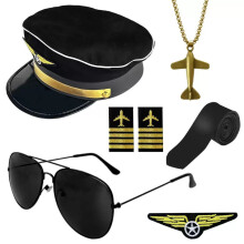 (Black Captain Outfit [7-Piece Set]) Halloween Pilot Hat Costume Set with Captain Hat, Epaulettes, Glasses & Tie Role-Play Kit