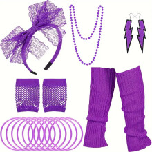 (Purple) 1980s Neon Costume Accessories Set: Headband, Gloves, Foot Covers, Necklace, Earrings & Bracelet