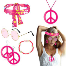 (Magenta Headscarf Style) 60s Hippie Halloween Set: Carnival Headband Glasses & Anti-War Necklace 5-Piece Kit