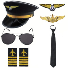 (Pilot black 2) Halloween Pilot Hat Costume Set with Captain Hat, Epaulettes, Glasses & Tie Role-Play Kit