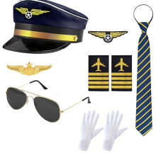 (Dark Blue Captain 8-Piece Set) Halloween Pilot Hat Costume Set with Captain Hat, Epaulettes, Glasses & Tie Role-Play Kit