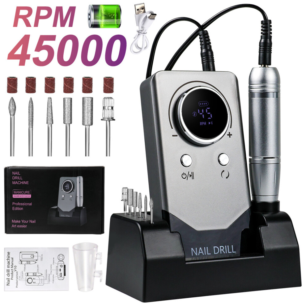 (Metallic Gray) 45000 RPM Cordless Nail Grinder with Base, Portable Professional Polishing Kit