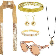 (Gold) 1970s Disco Women's Costume Accessories Set: Sequin Headband, Sunglasses, Necklace, Earrings & Scarf