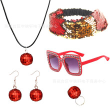 (Red 5-piece set A) 70s Disco Laser Ball Jewelry Set: Necklace, Earrings, Bracelet, Sequin Headband & Sunglasses