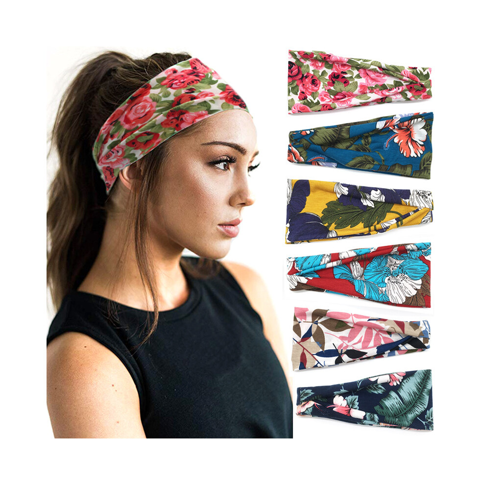 (6 pcs) Printed Sports Headband Yoga Hairband Sweat-Absorbing Wide Headscarf for Women