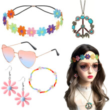 (Floral) Retro Peace Sign Jewelry & Daisy Flower Accessory Set with Glasses