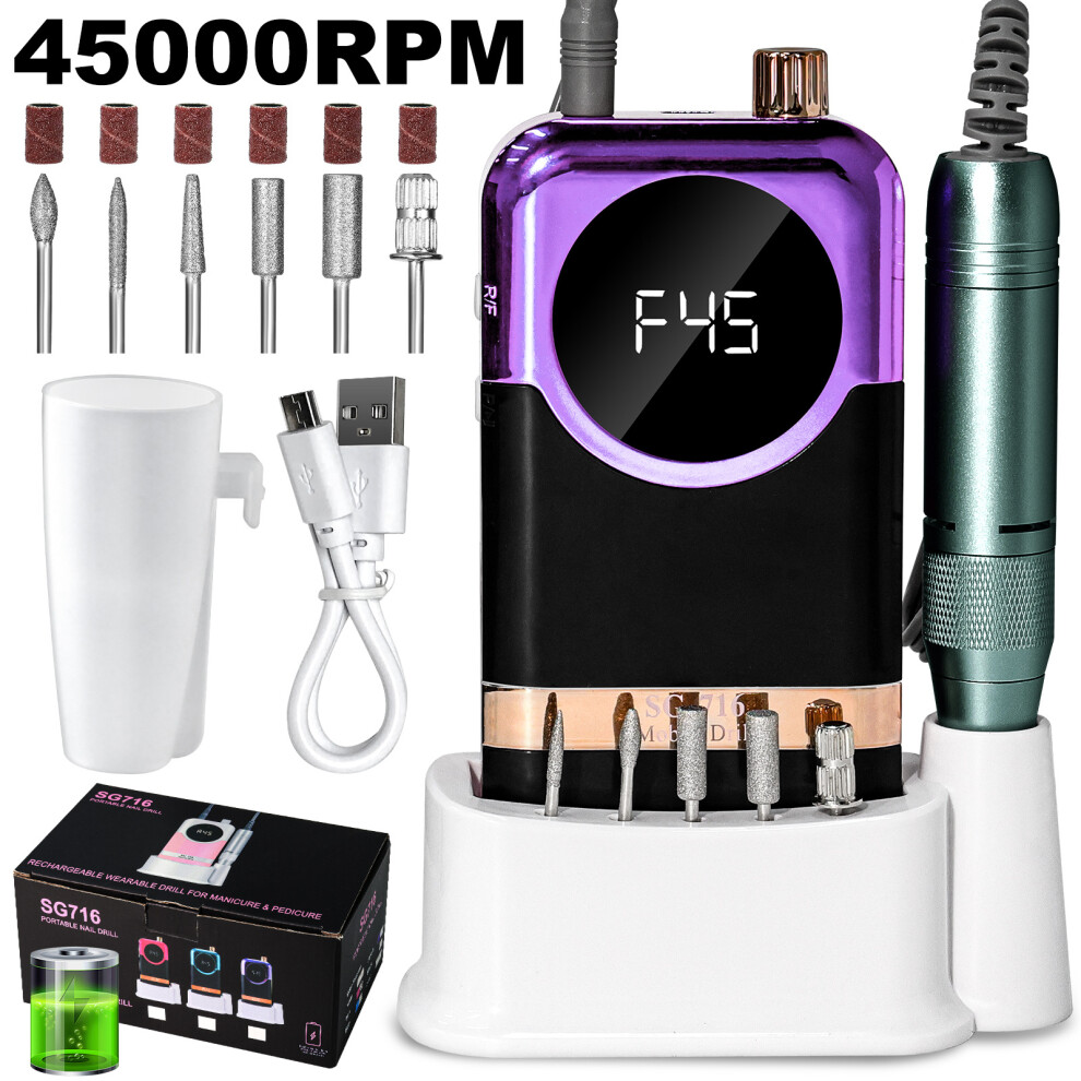 (Purple) Rechargeable Electric Nail File & Grinder for Salon Nail Care, Polish Remover & Dead Skin Tool