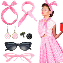 (Pink) 1950s Retro Party Costume Set: Cat-Eye Glasses, Polka Dot Headband & Stud Earrings Accessories